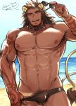  1boy abs animal_ears arbbun arm_tattoo bara beach black_male_swimwear brown_hair character_request check_copyright clothes_pull collar come_hither commentary_request copyright_request cowboy_shot dark-skinned_male dark_skin eyewear_removed facial_hair feet_out_of_frame forked_eyebrows goatee holding holding_eyewear large_pectorals lion_boy lion_ears lion_tail long_hair male_focus male_pubic_hair male_swimwear mature_male muscular muscular_male nipples old old_man parent pectorals penis pubic_hair pubic_hair_peek pulled_by_self red_eyes sand sangokushi_puzzle_taisen seductive_smile shiny shiny_skin smile solo spiked_collar spikes stomach sunglasses swim_briefs swimsuit_pull tail tattoo thick_eyebrows thick_thighs thighs wrinkled_skin 