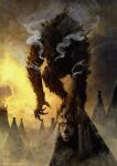  anato_finnstark come_hither dawn english_commentary halloween highres horror_(theme) monster no_humans original rooftop smoke statue werewolf 