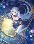  1girl :o absurdres astrolabe black_dress blue_hair blue_nails blush breasts cleavage dress fingernails floating floating_hair high_heels highres jewelry long_hair looking_at_viewer nail_polish original ring shichigatsu solo sparkle sun thighhighs very_long_hair white_legwear yellow_eyes 