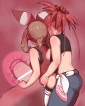  2girls absurdres ass back bar_censor blush breasts brown_hair censored clothed_sex flannery_(pokemon) futa_with_female futanari hair_ribbon hairband highres may_(pokemon) multiple_girls nipples penis pokemon pokemon_(game) pokemon_oras ponytail red_hair red_ribbon ribbon sex sleeveless striped striped_ribbon two-tone_ribbon umonebi white_ribbon 