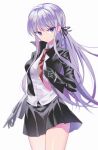  1girl absurdres bangs black_gloves black_jacket black_skirt braid collared_shirt cowboy_shot danganronpa:_trigger_happy_havoc danganronpa_(series) eyebrows_visible_through_hair gloves hair_ornament hair_ribbon highres jacket kirigiri_kyouko long_hair long_sleeves looking_at_viewer miniskirt necktie open_clothes open_jacket pink_necktie pleated_skirt purple_eyes purple_hair red_necktie ribbon shiny shiny_skin shirt side_braid simple_background single_braid skirt smilent solo thighs two-tone_necktie white_background white_shirt 