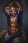  1boy abs animal_ears arms_up bandaged_arms bara bare_pectorals belt blonde_hair breath_of_fire breath_of_fire_iv clothes_pull commentary_request cray_(breath_of_fire) dark-skinned_male dark_skin facial_hair feet_out_of_frame goatee highres large_pectorals looking_at_viewer male_focus mature_male muscular muscular_male navel navel_hair nick300 nipples open_belt pants pants_pull pectorals realistic seductive_smile short_hair shrug_(clothing) sideburns smile solo spiked_hair stomach tail tiger_boy tiger_ears tiger_tail white_pants 