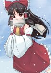  1girl absurdres bangs bow brown_hair commentary_request day detached_sleeves feet_out_of_frame hair_bow hair_tubes hakurei_reimu hands_in_opposite_sleeves highres long_hair long_sleeves one-hour_drawing_challenge outdoors red_bow red_eyes red_shirt red_skirt scarf scottie0521 shirt skirt snow snowing solo touhou wide_sleeves yellow_neckwear 