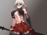  1girl abs alisa_ilinichina_amiella bangs bare_shoulders black_footwear black_gloves black_legwear black_vest bleeding blood blood_on_face blue_eyes boots bracer breasts bruise closed_mouth collared_vest commentary_request covered_nipples cowboy_shot cuts elbow_gloves fingerless_gloves gloves god_eater god_eater_burst grey_background hair_between_eyes highres holding holding_sword holding_weapon huge_weapon injury kanbutsu_(kanbu2) large_breasts long_hair looking_down navel no_headwear pantyhose partially_unbuttoned plaid plaid_skirt pleated_skirt red_skirt sidelocks silver_hair simple_background single_elbow_glove skirt solo standing stomach suspender_skirt suspenders suspenders_slip sweat sword thigh_boots thighhighs torn_clothes torn_gloves torn_legwear torn_vest underboob vest weapon 