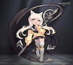  1girl absurdres animal_ears arknights bangs black_skirt blonde_hair blue_eyes boots closed_mouth heterochromia highres holding holding_wand index_finger_raised jacket lataedelan long_hair looking_at_viewer nightmare_(arknights) skirt smile solo thigh_boots thighhighs tongue tongue_out wand white_footwear yellow_eyes yellow_jacket 