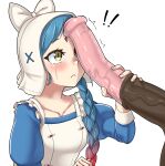  ! !! 1girl :&lt; animal_penis apron bestiality blue_hair blush braid english_commentary fire_emblem fire_emblem_fates gradient_hair hair_over_shoulder hetero highres horse horse_penis huge_penis lilith_(fire_emblem) long_hair multicolored_hair penis penis_awe penis_on_face penis_over_one_eye red_hair simple_background single_braid solo_focus sweatdrop tuoni upper_body veins veiny_penis white_background white_headwear yellow_eyes 