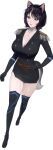  1girl absurdres animal_ears belt black_dress black_gloves black_hair black_legwear black_sclera blue_eyes bob_cut breasts brown_belt buttons choker cleavage closed_mouth colored_sclera copyright_request double-breasted dress dutch_angle full_body gloves grey_hair highres jewelry large_breasts long_sleeves looking_at_viewer medium_hair multicolored_hair necklace oyabuli pencil_dress short_dress simple_background solo streaked_hair tail thighhighs walking white_background white_choker 