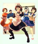  1boy 4girls ahoge apron breasts brother_and_sister brown_hair bubble_tea cake cake_slice drinking_straw fighting_stance food high_ponytail highres ibuki_(street_fighter) justice_gakuen kasugano_sakura kazama_akira kazama_daigo looking_at_viewer maid maid_apron maid_cafe maid_headdress midriff multiple_girls open_mouth outside_border pantyhose puffy_short_sleeves puffy_sleeves school_uniform serafuku shoes short_hair short_sleeves siblings signature skirt street_fighter street_fighter_v tea wakaba_hinata yuenibushi 