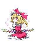  1girl blonde_hair bow bright_pupils flandre_scarlet from_behind hat hat_bow heart highres looking_at_viewer looking_back medium_hair parted_lips pink_bow pink_eyes pink_skirt pink_vest puffy_short_sleeves puffy_sleeves shirt short_sleeves side_ponytail simple_background sitting skirt solo touhou vest wariza white_background white_pupils white_shirt wings yassy 