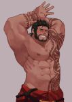  1boy abs absurdres arm_tattoo arms_up bara beard blush chest_tattoo cowboy_shot facial_hair green_hair grin guoguo highres large_pectorals looking_at_viewer male_focus mature_male muscular muscular_male navel nipples original pants pectorals red_pants short_hair smile solo stomach tattoo topless_male 