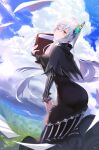  1girl absurdres black_dress book butterfly_hair_ornament capelet cloud day dress echidna_(re:zero) eyebrows_visible_through_hair flying_paper from_behind grasslands hair_ornament highres holding holding_book long_hair looking_at_viewer mute_fanta855 paper re:zero_kara_hajimeru_isekai_seikatsu smile solo white_hair yellow_eyes 