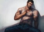  1boy bara beard brown_hair chest_hair chris_redfield clothes_pull commentary_request covered_abs covered_navel covered_nipples dark-skinned_male dark_skin denim facial_hair jeans looking_at_viewer male_focus mature_male muscular muscular_male mustache navel navel_hair nick300 pants pectoral_cleavage pectorals pubic_hair pubic_hair_peek pulled_by_self resident_evil resident_evil_5 see-through shirt shirt_pull short_hair sideburns solo spread_legs stubble wet wet_clothes wet_shirt 