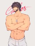  004_(hirusuhi) 1boy abs absurdres bara beard brown_hair carlos_oliveira character_name chest_hair crossed_arms dog_tags english_commentary eyebrows_visible_through_hair facial_hair feet_out_of_frame highres large_pectorals looking_to_the_side male_focus mature_male muscular muscular_male navel navel_hair pants pectorals resident_evil resident_evil_3 short_hair smile solo stomach topless_male track_pants white_pants 