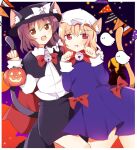  2girls animal_ears bell black_capelet blonde_hair blush bow bowtie brown_eyes brown_hair capelet cat_ears cat_tail commentary contrapposto dress eyebrows_visible_through_hair fedora gesture ghost halloween halloween_bucket hat hat_bow hat_ribbon jingle_bell long_sleeves maribel_hearn mob_cap multiple_girls neck_bell open_mouth paw_pose purple_dress red_bow red_bowtie red_eyes red_ribbon ribbon shirt short_hair tail touhou usami_renko white_bow white_shirt zeroko-san_(nuclear_f) 