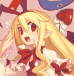  1girl :d blonde_hair boa_(brianoa) bow bow_hairband bowtie demon_tail disgaea earrings fang flonne hair_between_eyes hair_bow hairband hand_up highres jewelry long_hair long_sleeves looking_at_viewer makai_senki_disgaea pink_background pointy_ears prinny red_bow red_bowtie red_hairband salute smile solo_focus tail tail_bow tail_ornament twitter_username white_bow 