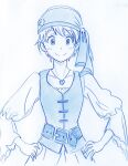  1girl bandana belt blue_theme fena_houtman graphite_(medium) heart heart_necklace highres kaizoku_oujo long_sleeves looking_at_viewer monochrome potekite short_hair simple_background smile solo standing traditional_media vest white_background 