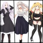  3girls ankle_boots arm_behind_head azur_lane bare_shoulders belt black_belt black_dress black_footwear black_jacket black_legwear black_ribbon black_shorts black_tank_top blonde_hair blue_eyes blue_skirt boots breasts brown_belt casual cleavage closed_mouth coat collarbone dog_tags dress enchuu_kakiemon enterprise_(azur_lane) eyebrows_visible_through_hair feet_out_of_frame full_body green_eyes hair_ornament hair_ribbon hand_in_hair hands_in_pockets highres holding holding_clothes holding_coat hornet_(azur_lane) jacket jacket_pull jewelry long_hair long_sleeves looking_at_viewer looking_away medium_breasts multiple_girls multiple_views navel necklace pantyhose purple_eyes ribbon shirt shoes shorts silver_hair skirt smile standing tank_top thighhighs turtleneck_dress twintails undershirt white_background white_coat white_shirt yorktown_(azur_lane) yorktown_(saintly_wings)_(azur_lane) 