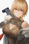  1girl absurdres assault_rifle black_gloves blonde_hair blush breasts brown_shirt cleavage closed_mouth eyebrows_visible_through_hair girls&#039;_frontline girls&#039;_frontline_2:_exilium gloves gun hair_ornament highres long_hair looking_at_viewer medium_breasts ots-14 ots-14_(girls&#039;_frontline) rifle rifle_on_back shirt solo umber00 upper_body weapon yellow_eyes 
