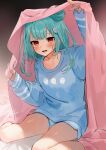  1girl bangs blanket blue_nails blue_pajamas blush commentary_request double_bun eyebrows_visible_through_hair gotou_(nekocat) green_hair hair_ornament highres hololive long_sleeves looking_at_viewer medium_hair nail_polish on_bed open_mouth pajamas red_eyes sitting smile solo under_covers uruha_rushia virtual_youtuber wariza 