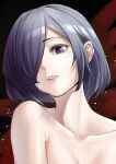  1girl absurdres bangs black_background blue_hair collarbone commentary_request enola_(enola_xxxxxx) gradient_hair grey_hair hair_over_one_eye highres kirishima_touka looking_at_viewer multicolored_hair nude one_eye_covered parted_lips portrait red_background shiny shiny_hair short_hair solo teeth tokyo_ghoul 