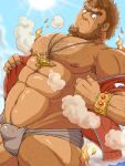  1boy abs bara bare_pectorals beard body_hair brown_hair bulge chest_hair commentary_request facial_hair feet_out_of_frame fire highres hima_hawa jacket jewelry jinn_(housamo) lamp large_pectorals leg_hair loincloth male_focus mature_male muscular muscular_male navel navel_hair necklace nipples no_pants off_shoulder open_clothes open_jacket pectorals plump red_jacket short_hair smoke solo stomach sweat thick_thighs thighs tokyo_afterschool_summoners track_jacket undressing unibrow 