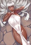  1girl breasts brown_eyes closed_mouth dark-skinned_female dark_skin dress hair_spread_out hamushima large_breasts long_hair looking_at_viewer lying no_bra on_back original sideboob smile solo white_dress white_hair yellow_eyes 