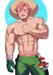  1boy abs absurdres bara beige_headwear blush bulge crestren feet_out_of_frame freckles gloves green_eyes green_shorts hat highres large_pectorals male_focus male_underwear male_underwear_peek milo_(pokemon) muscular muscular_male navel nipples open_mouth pectorals pink_hair pink_male_underwear poke_ball poke_ball_(basic) pokemon pokemon_(game) pokemon_swsh print_male_underwear short_hair shorts single_glove smile solo stomach sun_hat thick_eyebrows thick_thighs thighs topless_male underwear veins 