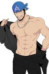  1boy abs alternate_skin_color archie_(pokemon) bara bare_pectorals bare_shoulders beard black_eyes black_hair black_pants blue_bandana chain_necklace commentary_request facial_hair feet_out_of_frame green_(grimy) large_pectorals looking_at_viewer male_focus mature_male muscular muscular_male mustache navel nipples off_shoulder open_clothes open_shirt pants pectorals pokemon pokemon_(game) pokemon_rse short_hair solo stomach undressing white_background 