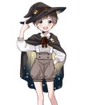  1boy brown_hair cape child green_eyes hand_on_hip hat highres looking_at_viewer male_focus open_mouth original piko_(pixiv) short_hair shorts solo white_background witch_hat 
