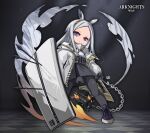  1girl absurdres animal_ears arknights arrow_(projectile) closed_mouth dress flail forehead full_body heavyrain_(arknights) highres holding holding_flail holding_shield holding_weapon jacket lataedelan leggings long_hair long_sleeves looking_at_viewer purple_eyes purple_footwear shield shoes sneakers solo weapon white_hair white_jacket zebra_ears 