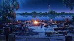  artist_name chair copyright_name copyright_request fire fireplace highres lake log night night_sky no_humans reflection reflective_water scenery shore sky star_(sky) starry_sky tower tree troncill water wide_shot 