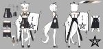  1girl absurdres ahoge animal_ears bike_shorts bike_shorts_under_shorts black_hakama black_skirt bow bowtie brown_bow brown_bowtie character_sheet closed_mouth concept_art copyright_request detached_sleeves fox_ears fox_tail grey_background grey_eyes hakama hakama_short_skirt hakama_skirt highres japanese_clothes long_sleeves looking_at_viewer medium_hair miniskirt multicolored_hair multiple_views nagishiro_mito outstretched_arms pleated_skirt sandals shorts simple_background skirt smile spread_arms streaked_hair tabi tail thighhighs translation_request white_hair white_legwear wide_sleeves 