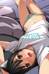  1girl :d animal_ears arms_up bangs bare_legs black_hair blush brown_eyes cat_ears couch eyebrows_visible_through_hair fangs feet_out_of_frame highres looking_at_viewer lying matsunaga_kouyou navel no_pants on_back open_mouth original panties shirt short_sleeves smile striped striped_panties t-shirt underwear upside-down white_shirt 