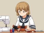  1girl bandaid bandaid_on_face blue_sailor_collar book brown_eyes brown_hair chagamaka commentary crab grey_background highres kantai_collection oboro_(kancolle) pincushion sailor_collar school_uniform serafuku sewing_machine short_hair solo spool thread upper_body 