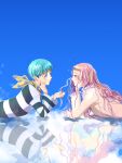  1boy 1girl blue_background blue_hair chain ear_piercing earrings eye_contact highres jewelry lip_piercing long_hair long_sleeves looking_at_another lying mouohnosatoshi nana_(series) okazaki_shin&#039;ichi on_stomach piercing pink_hair purple_eyes reflection ring serizawa_reira shirt striped striped_shirt stud_earrings wavy_hair yellow_neckwear 