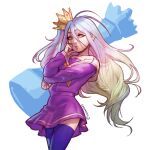  1girl blue_legwear chess_piece crown dress flat_chest highres long_hair looking_at_viewer lukas_klaudat messy_hair no_game_no_life orange_eyes pale_skin purple_dress shiro_(no_game_no_life) silver_hair solo thighs very_long_hair white_background white_serafuku wind wind_lift 