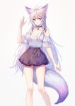  1girl absurdres animal_ears antenna_hair bangs bare_legs bare_shoulders bra_strap commentary_request extra_ears feet_out_of_frame fox_ears fox_tail grey_background hair_between_eyes hand_up highres kirby_d_a long_hair looking_at_viewer miniskirt off-shoulder_shirt off_shoulder original purple_eyes purple_skirt revision shirt short_sleeves silver_hair simple_background skirt smile solo standing tail thighs very_long_hair white_shirt 