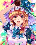  1girl arm_up black_bow black_dress blonde_hair blue_eyes blush bow bowtie braid buttons commentary dress eyebrows_visible_through_hair frilled_dress frilled_hat frills hair_bow hat hat_bow highres holding iganai_toufu kirisame_marisa long_hair mini-hakkero multicolored_eyes open_mouth orange_eyes puffy_sleeves red_bow round_teeth short_sleeves side_braid single_braid solo teeth touhou upper_body witch_hat 