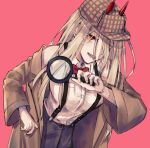  +_+ 1girl black_necktie blonde_hair bow breasts capelet chainsaw_man crosshair_pupils deerstalker demon_girl demon_horns detective hair_between_eyes hat highres horns long_hair long_sleeves looking_at_viewer magnifying_glass medium_breasts necktie open_mouth pink_background power_(chainsaw_man) red_bow red_horns sharp_teeth shirt simple_background solo suspenders tanuyama teeth white_shirt 