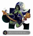  1girl alternate_form bad_end banjo-kazooie barefoot bat black_dress black_hair breasts broom broom_riding colored_skin covered_nipples curvy dialogue_box dress english_commentary english_text eyeshadow flying full_body full_moon green_skin gruntilda_winkybunion highres large_breasts lipstick looking_at_viewer makeup moon narrow_waist plantar_flexion plunging_neckline profanity purple_eyeshadow puzzle_piece red_eyes red_lips revision reward_available short_dress short_hair soles solo starry_background toes vero witch 