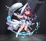  1girl :d absurdres arknights bag bangs beluga_whale blue_eyes boots dolphin dress full_body highres holding holding_wand lataedelan long_hair looking_at_viewer open_mouth purestream_(arknights) purple_eyes shoulder_bag sleeveless sleeveless_dress smile solo teeth thigh_boots thighhighs wand white_dress white_footwear 