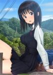  1girl arm_support bag belt black_hair blue_eyes blue_sky breasts buttons collared_shirt commentary day forest from_side furuyama_itaru hill large_breasts looking_at_viewer looking_to_the_side miniskirt nature on_ground open_mouth original outdoors pleated_skirt power_lines school_bag school_uniform shirt shoes shoes_removed sitting skirt sky solo string_tie sunlight thighs tree utility_pole white_shirt 