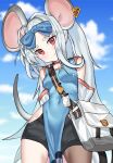  1girl animal_ears arms_behind_back bag blue_archive bow breasts commentary covered_navel day forehead hair_bow highres kouy long_hair looking_at_viewer mouse_ears mouse_tail red_eyes saya_(blue_archive) shorts silver_hair sky small_breasts solo tail 