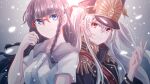  2girls altair_(re:creators) bangs black_hair black_headwear black_jacket blouse blue_eyes blunt_bangs braid buttons closed_mouth commentary_request epaulettes fingernails floating_hair glasses hair_between_eyes hat jacket jan_(lightdragoon) light_particles long_hair long_sleeves looking_at_viewer military military_hat military_uniform multiple_girls re:creators red-framed_eyewear red_eyes shako_cap shimazaki_setsuna shiny shiny_hair short_sleeves side_braids sidelocks smile two_side_up uniform upper_body very_long_hair white_blouse white_hair 