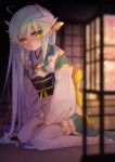  1girl absurdres ahoge aqua_hair aqua_kimono dragon_girl dragon_horns fate/grand_order fate_(series) heart heart-shaped_pupils highres horns japanese_clothes kimono kiyohime_(fate) long_hair motimotimeshi multiple_horns obi sash sitting solo symbol-shaped_pupils thighhighs wariza white_legwear wide_sleeves yellow_eyes 