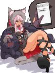  1girl ahoge animal_ears black_skin boots breasts chappytkn0425 colored_skin crossed_legs eyebrows_visible_through_hair gloves guardian_tales highres holding holding_phone ice_witch_lupina jewelry looking_down medium_breasts phone pink_hair solo thighs wolf wolf_ears wolf_girl 