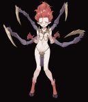  1girl andariel black_background blush breasts chain claw_pose commentary demon_girl diablo_2 fang forehead full_body groin highres hooves knees_together_feet_apart looking_at_viewer medium_breasts monster_girl navel o-ring o-ring_bottom open_mouth pelvic_curtain pointy_ears red_hair simple_background skull solo standing yd_(orange_maru) yellow_eyes 