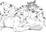  2boys animal_ears areolae arm_around_shoulder bara commentary_request couple facial_hair feet_out_of_frame goatee greyscale looking_at_another lying male_focus monochrome multiple_boys muscular muscular_male nick300 on_stomach pectorals short_hair sideburns smile stubble tail tank_top thick_eyebrows tiger_boy tiger_ears tiger_tail topless_male yaoi 