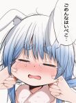  1girl =_= animal_ear_fluff animal_ears blue_hair blush cheek_pinching closed_eyes crying ears_down facing_viewer fingernails highres hololive mamerakkkkko open_mouth pinching portrait rabbit_ears solo_focus tears translated usada_pekora virtual_youtuber 