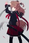  1girl animal_ears black_legwear brown_hair closed_mouth fighting_stance fox_ears fox_tail from_behind grey_background highres katana long_hair looking_at_viewer looking_back miniskirt nagishiro_mito original red_eyes red_skirt scabbard sheath simple_background skirt solo standing sword tail thighhighs unsheathed weapon zettai_ryouiki 